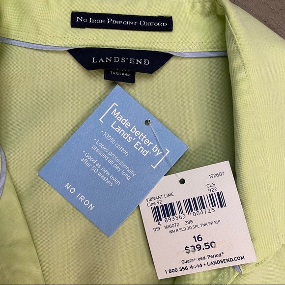 NWT Lands End No Iron Pinpoint Oxford Vibrant Lime Size 16 Button Down Shirt - Picture 4 of 13